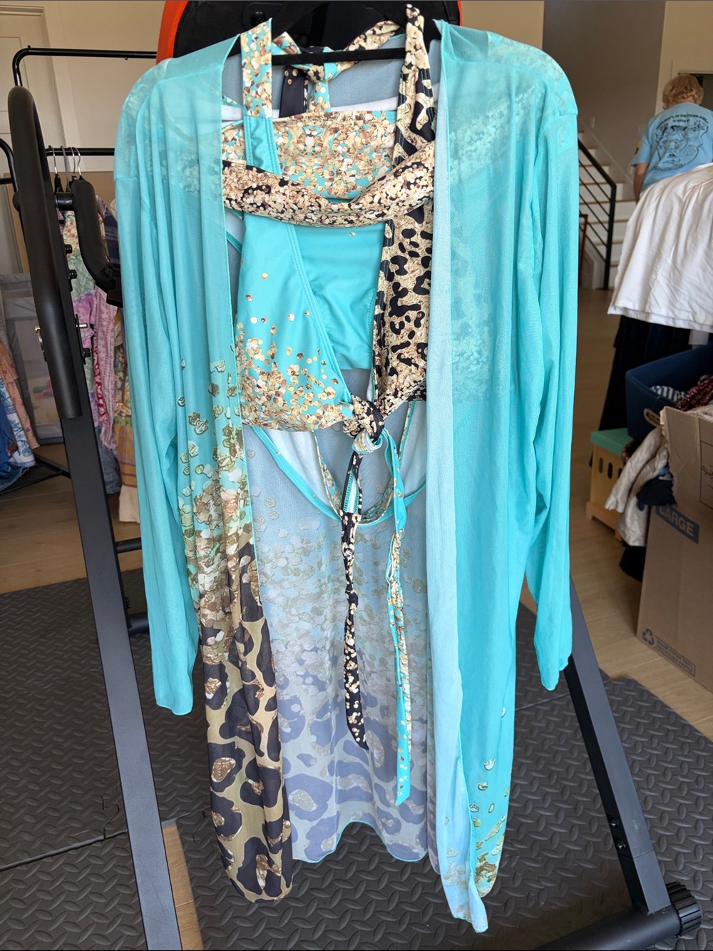 VENUS Turquoise Sheer Robe with Leopard-Print Accents